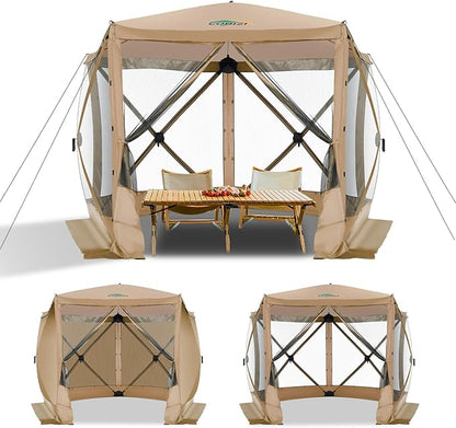 COBIZI 10x10 Pop up Gazebo Screen House Tent for Camping, Pop-up Camping Canopy with Sidewalls, Portable Outdoor Quick-Set Hub Tent with Carrying Bag&Ground Stakes, Khaki(Upgraded 2.0)