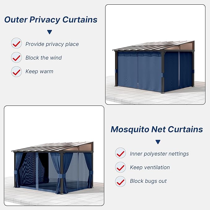 Gotland 10FTx12FT Outdoor Wall-Mounted Hardtop Pergola, Metal Frame Gazebo with Sloping Sun Panel Roof and Double Curtains for Patio, Garden, Lawn, Navy
