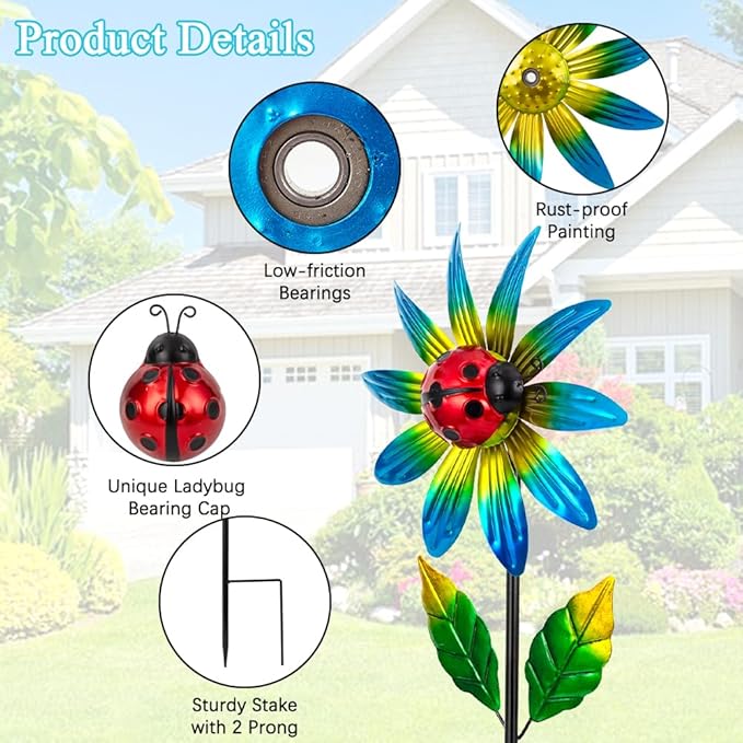2 Pack Wind Spinner Outdoor,Waterproof Metal Windmill with Ladybug,Pinwheels for Yard and Garden, Flower Wind Sculpture & Spinner for Patio Lawn Decor