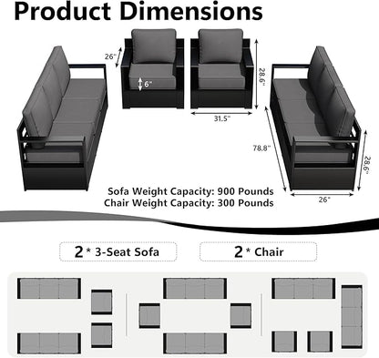 Outdoor Patio Furniture Set, 4-Piece Aluminum Patio Conversation Set All-Weather Metal Outdoor Sectional with 6 Inch Thick Cushions, Deep Setting for Garden, Outside and Porch