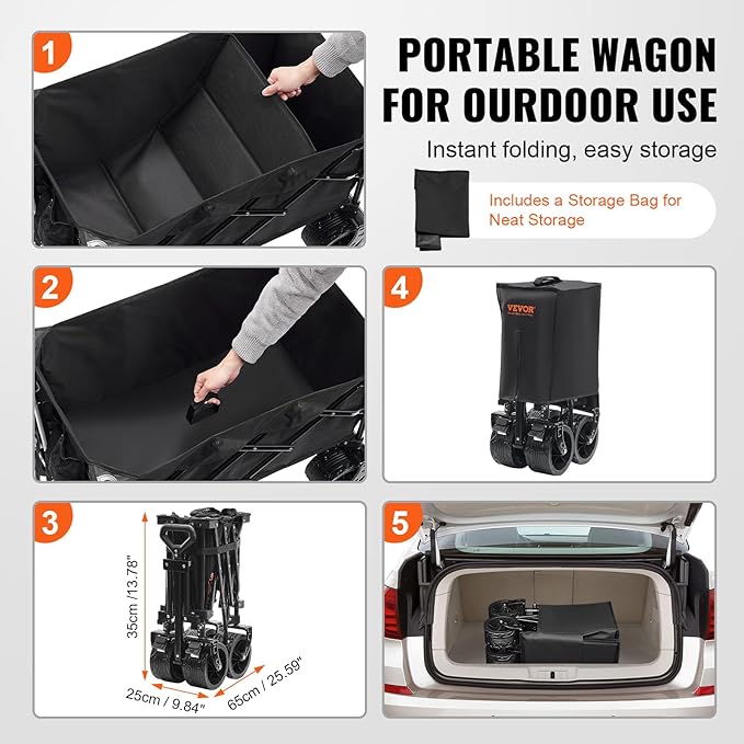 VEVOR 220L/350lbs Collapsible Folding Wagon, Heavy Duty Beach Cart Foldable with Big Wheels, Outdoor Utility Wagon All Terrain Wagon for Groceries Camping