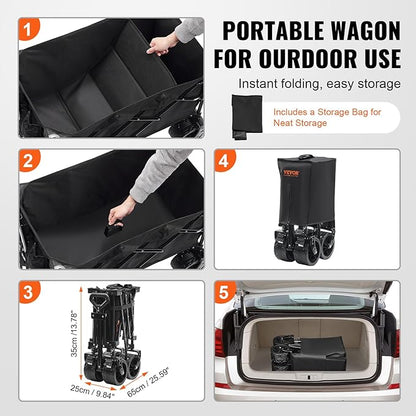 VEVOR 220L/350lbs Collapsible Folding Wagon, Heavy Duty Beach Cart Foldable with Big Wheels, Outdoor Utility Wagon All Terrain Wagon for Groceries Camping