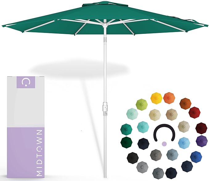 Midtown Umbrellas The Swilt 10 Feet Patio Umbrella in Sunbrella Canvas Teal Acrylic Fabric - Fiberglass Ribs, Auto-Tilt Aluminum Frame For Backyard, Deck, Garden, Pool - White Pole