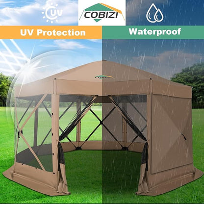 COBIZI 15x15ft Extra Large Pop Up Gazebo Canopy Tent with Mosquito Netting, Spacious Easy Set-Up Screened Shelter, Durable Outdoor Pavilion with Ground Stakes, Perfect for Patio, Backyard, Khaki