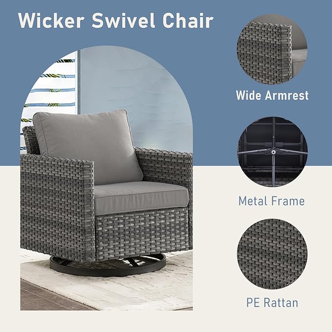 Outdoor Rocker Chairs - Patio Swivel Chair Set, Two Wicker Chairs with One Side Table, Grey