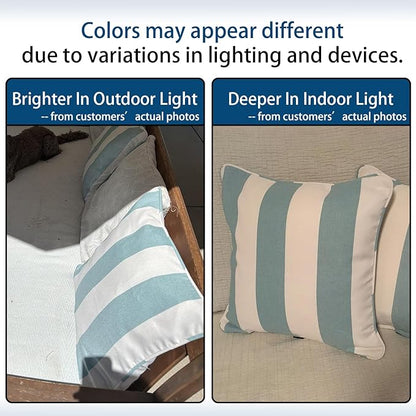 Outdoor Throw Pillow with Insert 18x18 Inch, Set of 2, Piping Edge Waterproof Fade Resistant Decorative Fluffy Pillows for Patio Furniture Chair Bench Couch Sofa - Teal Ivory Striped