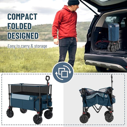 TIMBER RIDGE Foldable Wagon 350L Extendable Height, Large Capasity Collapsible Wagon Cart with All Terrians Detachable Wheels, Compact Folding Utility Wagon for Camping, Fishing, Shopping Navy