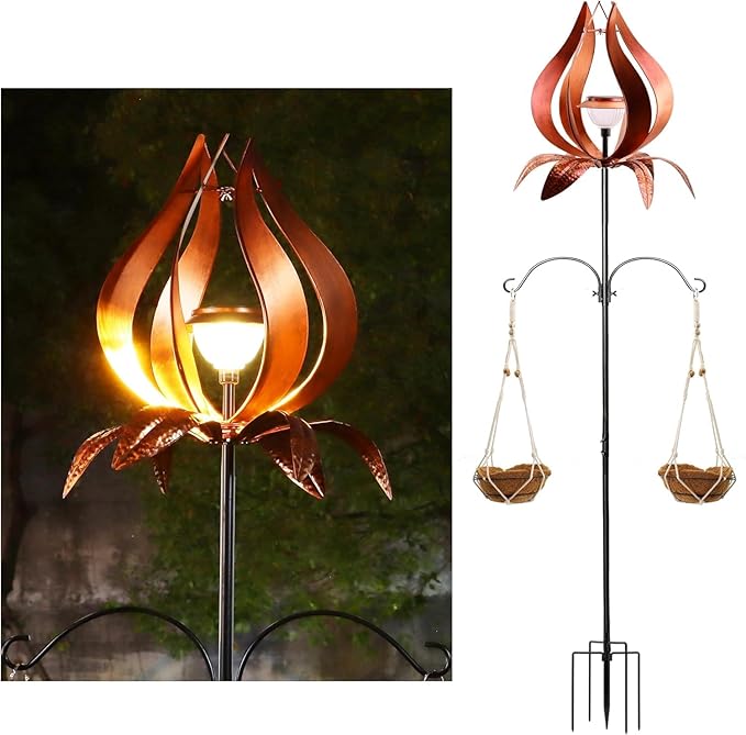 Solar Wind Spinner Outdoor Metal 83 Inch Windmill for Yard Garden Patio Decor Metal Yard Art Garden Art Easter Outdoor Decors Large Landscape Light with Shepherd Hooks Coconut Baskets