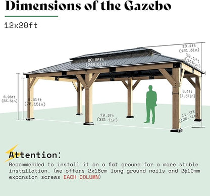 AMERLIFE 12x20 ft Hardtop Gazebo, Spruce Wood Gazebo with Iron Double Roof, Outdoor Pergola with Wood Frame for Garden, Porch, Patio, Charcoal Gray + Brown Gray