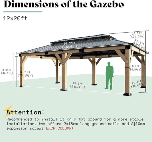 AMERLIFE 12x20 ft Hardtop Gazebo, Spruce Wood Gazebo with Iron Double Roof, Outdoor Pergola with Wood Frame for Garden, Porch, Patio, Charcoal Gray + Brown Gray