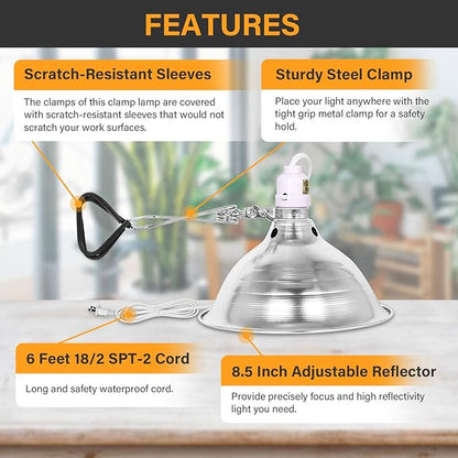 Simple Deluxe Clamp Lamp Light 150 Watt with 8.5 Inch Aluminum Reflector (no Bulb Included), 6 Feet Cord, 1 Pack, White