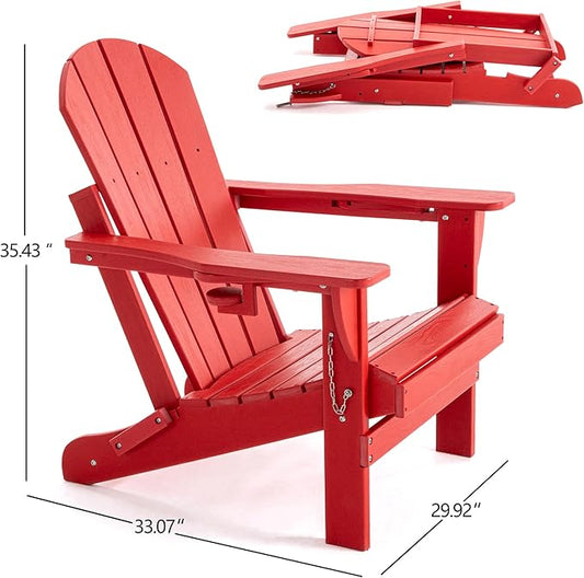 Folding Adirondack Chair, HDPE Outdoor Texture Lawn Chair with Reclining Back, Cup and Phone Holder - Comfortable Firepit Chair Weather Resistant for Patio or Backyard (Red, Set of 4)