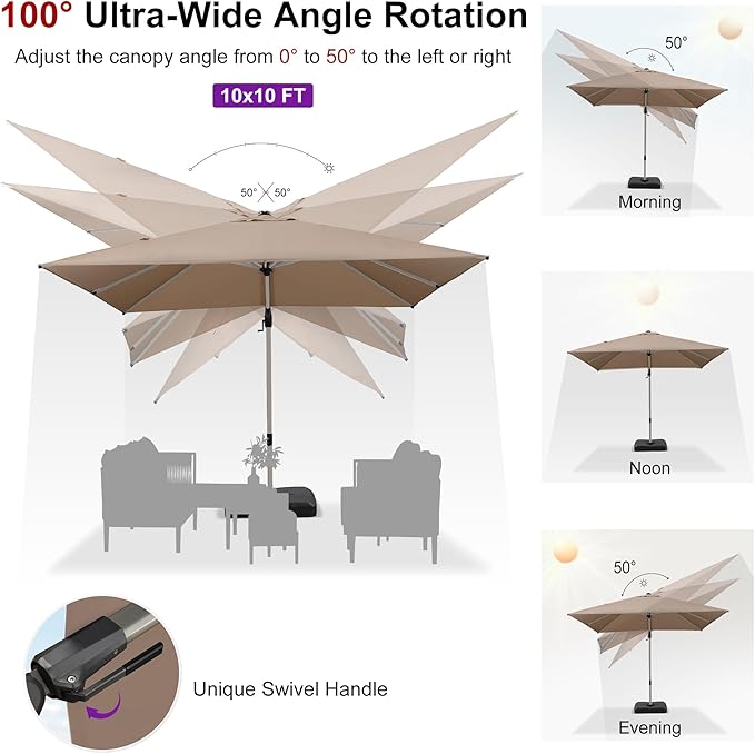 PURPLE LEAF 10' X 10' Left-right Tilting Patio Umbrella with Base Outdoor Swivel Cantilever Offset Aluminum Umbrella with Champagne Frame and 360-degree Rotation for Garden Deck Pool, Taupe