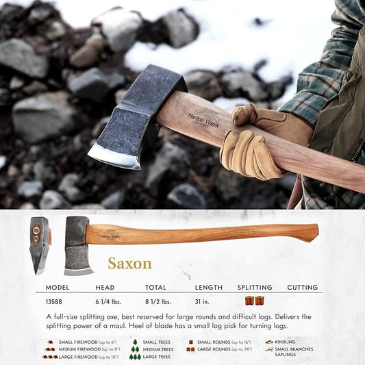 1844 Helko Werk Germany Traditional Saxon - Made in Germany Heavy Duty Splitting Axe for Chopping Firewood and Splitting Logs - Heavy Wood Splitting Axe, Head 6-1/4 lbs, Handle 31 in. (Saxon) #13588