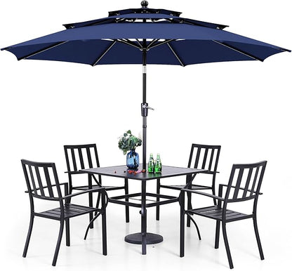 PHI VILLA 5 Piece Outdoor Dining Set with 10ft Umbrella, 37" Square Metal Dining Table & 4 Stacking Metal Chair with 3 Tier Navy Umbrella for Patio, Deck, Yard, Porch