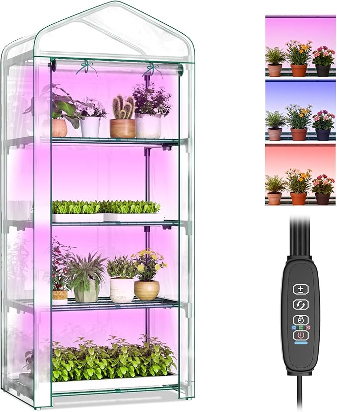 Indoor Greenhouse with Grow Light, 4-Tier Mini Greenhouse 27.6"x19"x63" Small Greenhouse with Zippered PVC Cover for Seed Starting Trays, Dimmable Plant Light for Indoor Plants with Timer