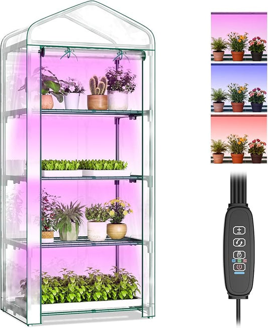 Indoor Greenhouse with Grow Light, 4-Tier Mini Greenhouse 27.6"x19"x63" Small Greenhouse with Zippered PVC Cover for Seed Starting Trays, Dimmable Plant Light for Indoor Plants with Timer