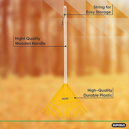 Pack of 12 Kids Rake with Hardwood Handle, Durable Plastic Head to Sweep Leaves in Lawn and Tidying Up The Garden, 34" (Yellow)