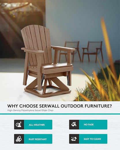 SERWALL Adirondack Swivel Glider Chair, HDPE Swivel Glider Set of 4 for Outdoor, All-Weather Glider Chair for Porch, Balcony, Wood Brown