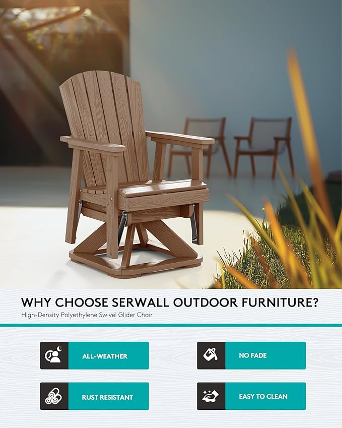 SERWALL Adirondack Swivel Glider Chair, HDPE Patio Swivel Glider Set of 2, All-Weather Glider Chair for Porch, Balcony, Wood Brown