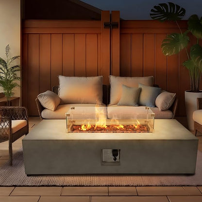 2-Piece 54" Outdoor Propane Fire Pit Table Set, 50,000 BTU Rectangle Concrete Gas Fire Pit Coffee Table W Glass Wind Guard, Lava Rocks, Waterproof Cover for Patio, Backyard, Garden, Porch, Deck