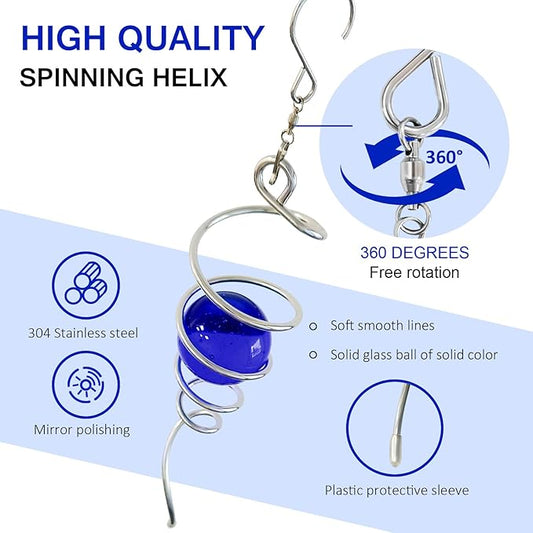 Gazing Ball Spiral Tail,Wind Spinner Tail with Dark Blue Glass Orb,Wind Spinners Stabilizer,Visual Illusion in Spinning Hanging Rotating Art Decor,Indoor Outdoor Garden Decoration-13in