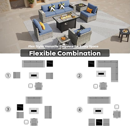 ovios 9 Pieces Patio Furniture Set, Outdoor Wicker Sectional Sofa with 42" Firepit Table Swivel Chair, Modern Modular Deep Seat Rattan Couch Conversation Sets, Denim Blue