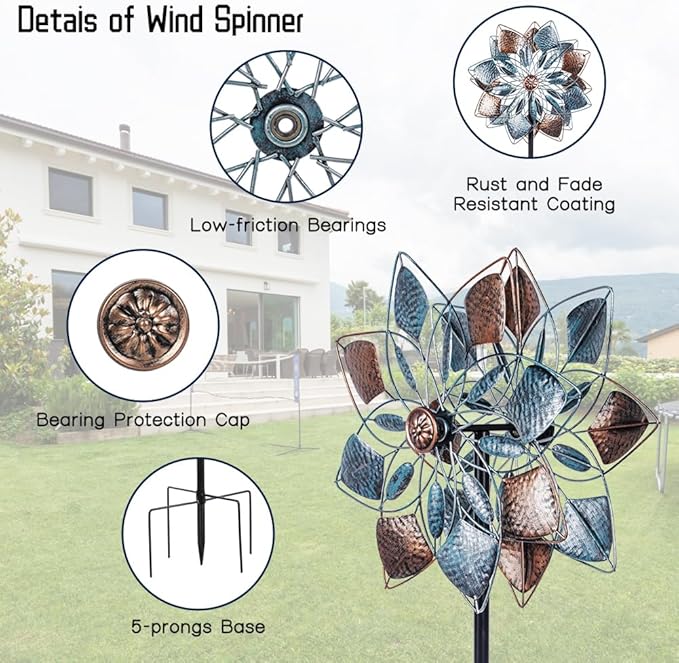 Wind Spinners Outdoor Metal 14.3” Wind Spinners for Yard and Garden Vintage Wind Spinner Garden Decor Wind Sculptures & Spinners for Patio Lawn Decoration