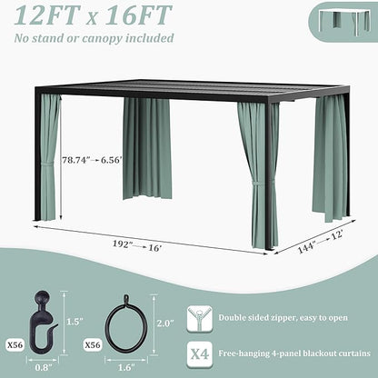 Gazebo Universal Replacement Privacy Curtain,12'×16' Gazebo Outdoor Waterproof Curtains, 4-Panels Sidewall Curtains with Double Zipper for Patio Canopy, Garden and Backyard (Curtain Only)