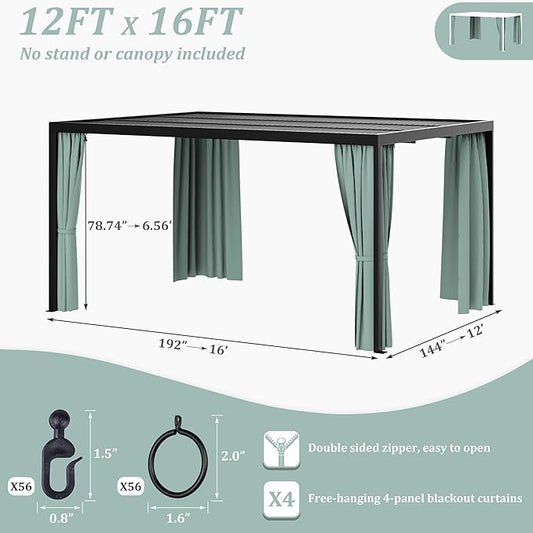 Gazebo Universal Replacement Privacy Curtain,12'×16' Gazebo Outdoor Waterproof Curtains, 4-Panels Sidewall Curtains with Double Zipper for Patio Canopy, Garden and Backyard (Curtain Only)