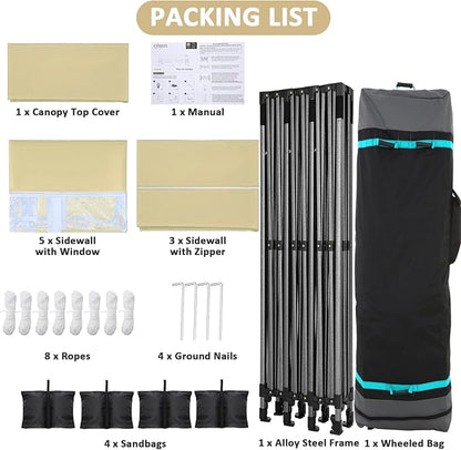 COBIZI 10x30 Pop Up Canopy with 8 Sidewall,Heavy Duty UPF 50+ All Season Wind Waterproof Commercial Outdoor Wedding Party Tents for Parties Canopy Gazebo with Roller Bag(10 x 30 ft Khaki)
