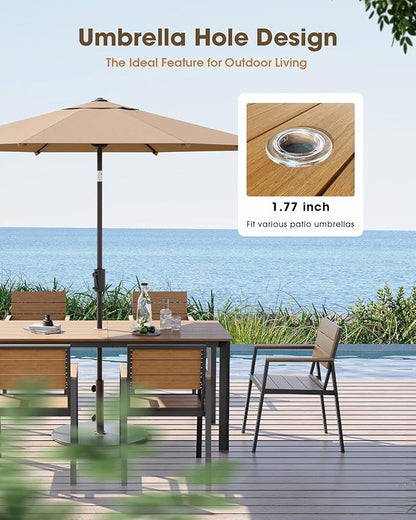 Outdoor Patio Dining Table, Aluminum & HDPE Outdoor Table with Umbrella Hole, All-Weather for Deck, Garden, Lawn, Backyard, Poolside and Indoor Use (Gray & Teak)