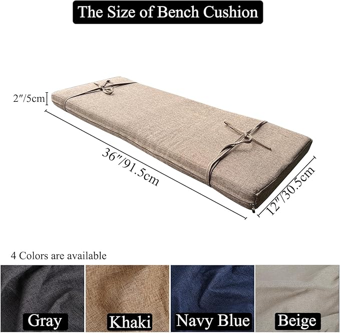 36 x 12 Inch Piano Bench Cushions for Indoor Furniture with Ties Non Slip Kitchen Dining Room Bench seat Cushion for Shoe Storage Ottoman Window Settee pad, Khaki