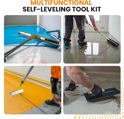 Complete Self Leveling Cement Tool Kit, Professional Epoxy Floor Kit Tools with Spiked Roller with Splash Guard, Spike Shoes, Paint Roller, Trowel, Scraper & Extension Pole