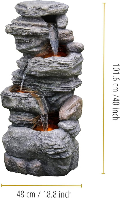 Teamson Home 39.37 in. Outdoor Faux Stacked Stone 4-Tier Water Fountain with LED Lights and Pump, Gray