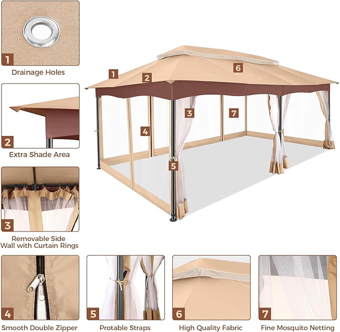COBIZI Gazebo 12x20 Heavy Duty Gazebos with Improved Nettings Outdoor Gazebo Canopy Double Roof Patio Gazebos with Metal Steel Frame for Patio, Garden, Backyard (Khaki)