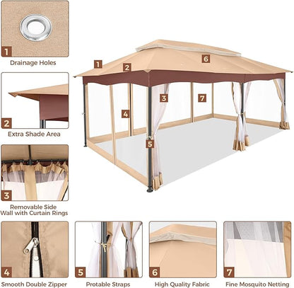 COBIZI Gazebo 12x20 Heavy Duty Gazebos with Improved Nettings Outdoor Gazebo Canopy Double Roof Patio Gazebos with Metal Steel Frame for Patio, Garden, Backyard (Khaki)