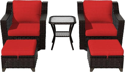 Vista Vibe 5 Pieces Outdoor Rattan Patio Conversation Furniture Set - 360 Degree Swivel Glider Rocker Chairs | Coffee Table | 2 Wicker Ottomans, Premium & Washable Cushions, Terrace (Brown/Red)