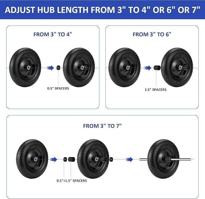 4.80/4.00-8" Flat Free Wheelbarrow Tire, 14.5" Wheel Size, 5/8" Axle Bore, 3" Center Hub, 3/4" Bearings, Universal Replacement Solid Tire for Hand Truck/Cart (Black)