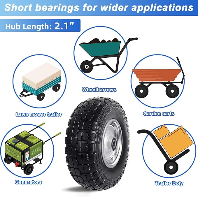 12'' Flat Free Tires Rubber Replacement Solid Tire and Wheel Assemblies for Hand Trucks Garden Cart Wheelbarrow - 3.5”Wide Polyurethane Tires 2.1 Hub with 5/8 Inch Axle Borehole Silver
