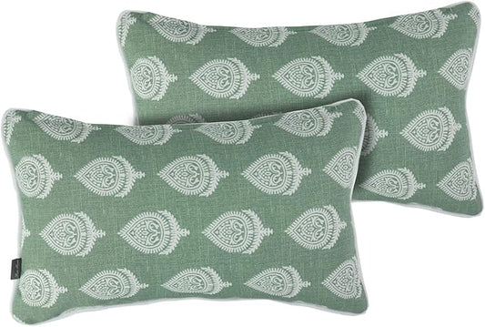 FUNHOME Set of 2 Patio Lumbar Pillows with Insert, 12”x20” Water-Repellent Outdoor Lumbar Pillow, Decorative Garden All Weather Lumbar Cushions for Home Patio Coach Sofa Use-Fair Green