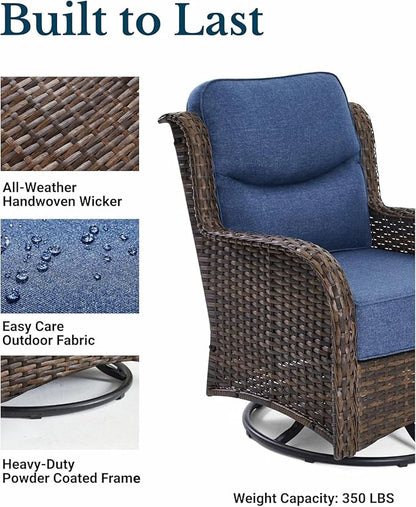 HILLGA Luxury Patio Furniture Set with 6-inch Thick Cushion, Outdoor High Back Swivel Rocker Patio Chairs, 2PCS Wicker Conversation Set for Deck Yard and Poolside, Blue (V2)