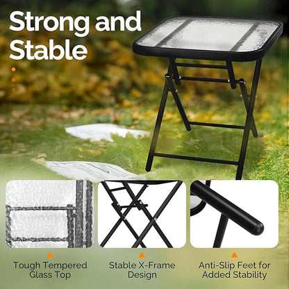 VINGLI Folding Glass Outdoor Side Table, 18 Inches Small Foldable Patio Bistro Table with Tempered Glass Table Top for Lawn & Garden, Balcony, Porch and Pool, Rectangular