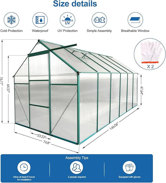 Favfurish 6x12 FT Greenhouse, Outdoor Polycarbonate Hot House, Garden Plants Green House with Raised Base, Sliding Door and Adjustable Vent Roof for Outdoor Patio, Green