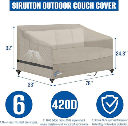 SIRUITON 2-Seat 78" W x 33" D x 32" H Garden Patio Sofa/Loveseat/Bench Cover, Heavy Duty 420D Oxford Waterproof Outdoor Sofa Cover, Lawn Patio Furniture Covers