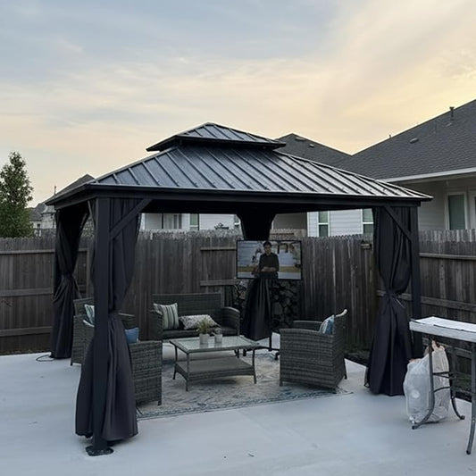 PURPLE LEAF 12' X 12' Permanent Hardtop Gazebo Outdoor Aluminum Gazebo with Galvanized Steel Double Roof for Patio Lawn Garden Aluminum with Netting and Curtains Grey
