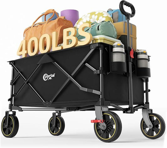 POTAL Foldable Wagons Carts with Wheels, 5 ft³ Collapsible Grocery Cart on Weels with Brakes, Folding Utility Pull Wagon Cart Heavy Duty for Camping Outdoor, Gardening, Sports