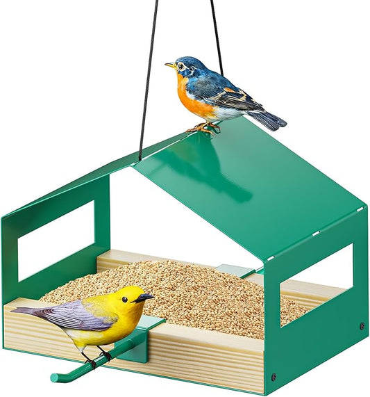 FANHAO Metal Bird Feeder for Outdoors Hanging, Wild Bird Feeder House with Rust-Resistant Mesh, Hanging Platform Bird House Feeder for Attracting Birds, Weatherproof, Easy to Clean & Refill