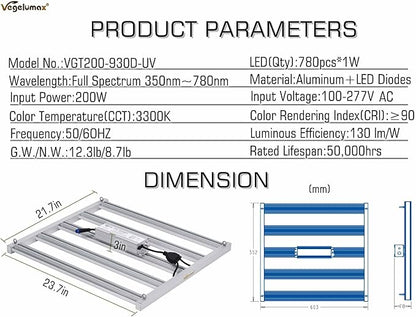 200Watt LED Grow Light 5 Bars with 780pcs Diodes,UV IR included,Full Spectrum Growing Lamp 100-277V Dimmable Driver,for Plant Seedling Growth Vertical Farming Veg Flower Bloom,4X4ft coverage
