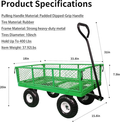 AAIN 400 lbs Metal Garden Cart,Heavy Duty Garden Wagon with Removable Steel Mesh Sides, Utility Yard Cart with 180° Rotating Handle and 10-inch Wheels—Perfect for Gardens, Farms, and Yards, Green
